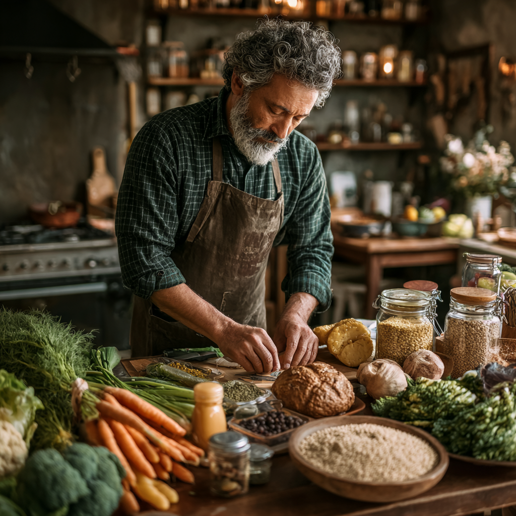 Чоловік 58 років готує здорову їжу на кухні, на столі різноманітні свіжі овочі та зерна