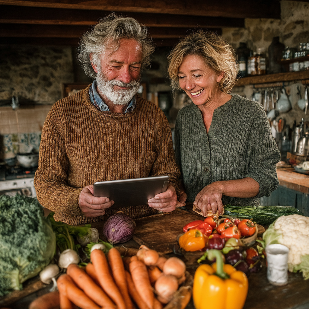 Подружжя 55-60 років разом готує здорову їжу, усміхаються та тримають планшет з додатком blanshevik