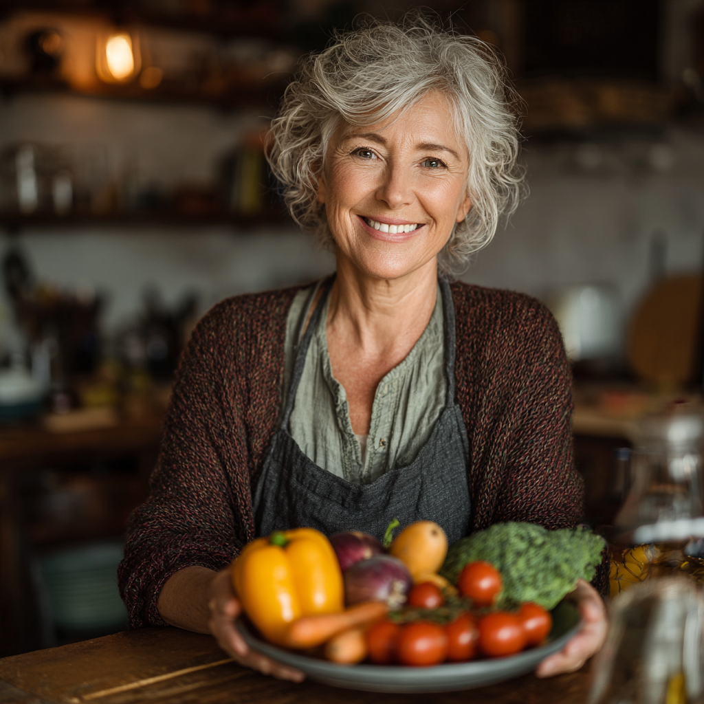Усміхнена жінка 55 років тримає тарілку зі свіжими овочами та фруктами, сидить за кухонним столом