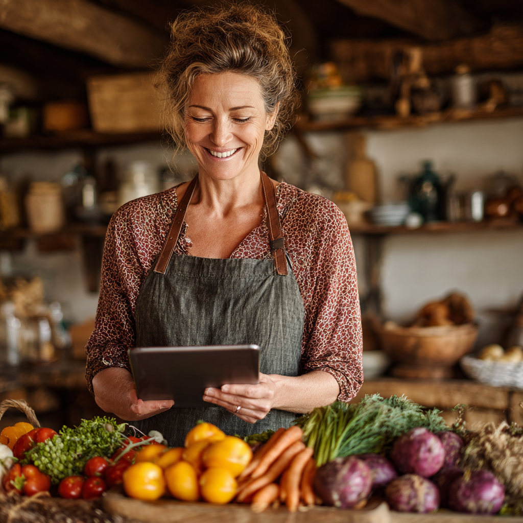 Жінка 52 років усміхається, тримаючи планшет з додатком blanshevik, на кухні в оточенні здорових продуктів